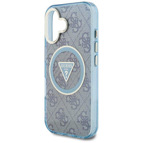 Etui Guess IML Metal Glitter 4G Circle   Triangle MagSafe do iPhone 16 niebieski