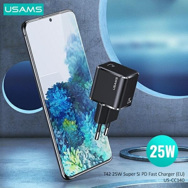 USAMS Ład. siec. 1xUSB-C T42 mini 25W (only head) Super SI 5V-3A PD3.0 Fast Charging czarny/black CC140TC01 (US-CC140)