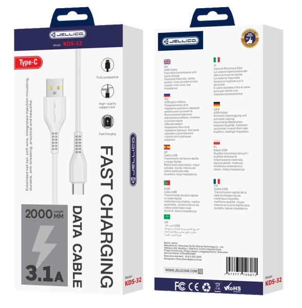 JELLICO kabel KDS-32 USB-C USB 3.1A 2M Biały