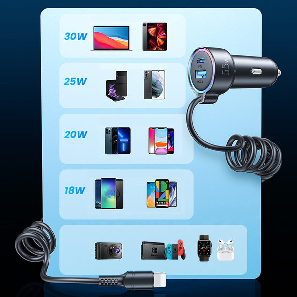 Joyroom 3 in 1 fast car charger with USB Type C cable 1.6m 60W black (JR-CL07)