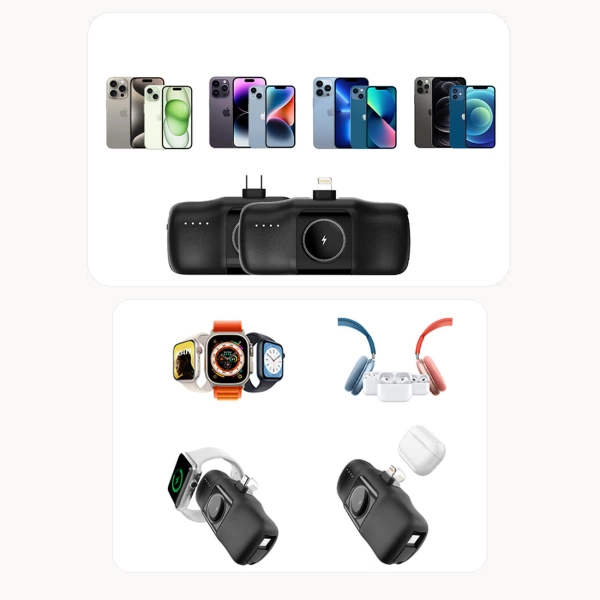 Mini powerbank Wozinsky WF16-YCS 5000mAh 15W USB-C z wbudowanym kablem USB-C i ładowarką do Apple Watch - czarny