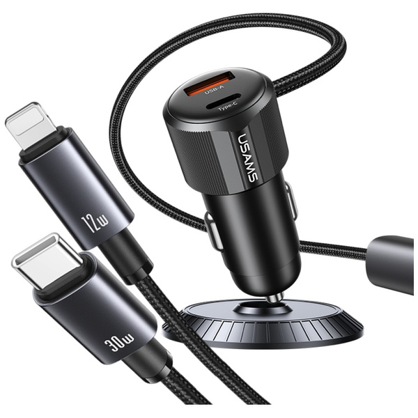 Ładowarka samochodowa USAMS YT Series    CC287 66W 1xUSB-A 1xUSB-C + kabel 2w1 USB-C/Lightning tarnish