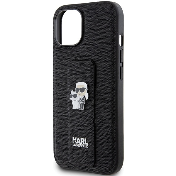 Karl Lagerfeld Gripstand Saffiano Karl&amp;Choupette Pins case for iPhone 15 - black