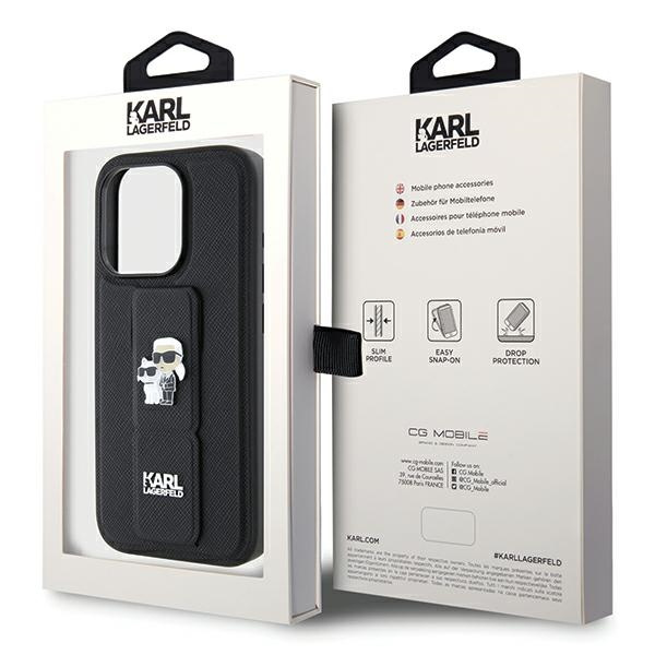Karl Lagerfeld Gripstand Saffiano Karl&amp;Choupette Pins case for iPhone 14 Pro - black