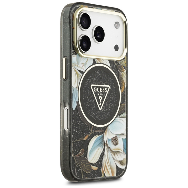 Etui Guess IML Glitter Flowers Triangle  MagSafe do iPhone 17 Pro Max czarny