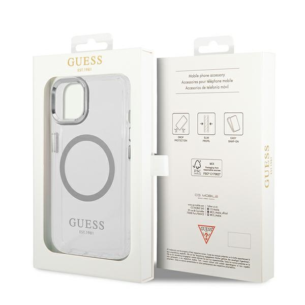 Guess GUHMP14SHTRMS iPhone 14 / 15 / 13 6.1" srebrny/silver hard case Metal Outline Magsafe