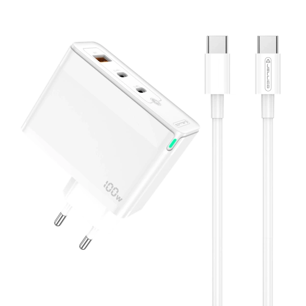 JELLICO ładowarka sieciowa C118 GaN PD 100W 2xUSB-C + 1xUSB QC3.0 + kabel USB-C - USB-C Biały