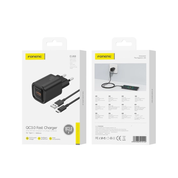 FONENG wall charger EU68 18W 1xUSB QC3.0 + cable USB-C Black