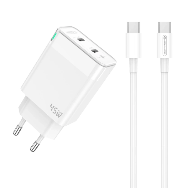JELLICO wall charger C106 GaN PD 45W 2xUSB-C + cable USB-C - USB-C White