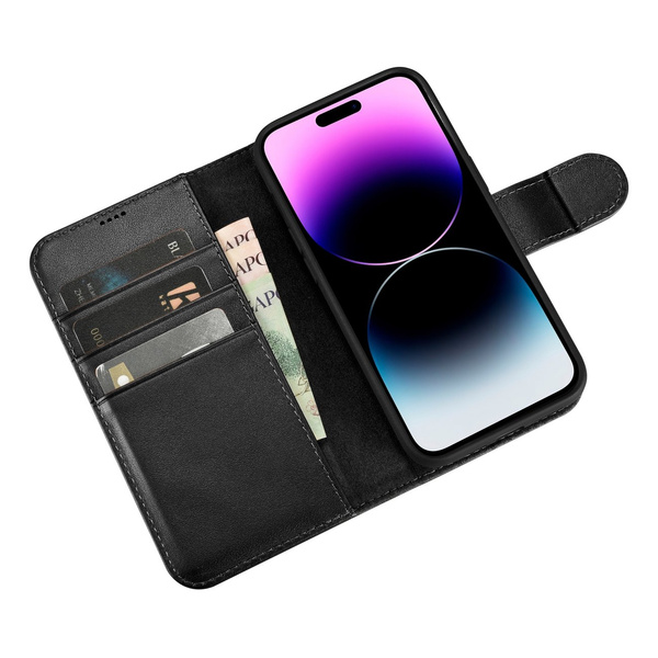 iCarer Wallet Case 2in1 etui iPhone 14 Pro skórzany pokrowiec z klapką Anti-RFID czarny (WMI14220726-BK)