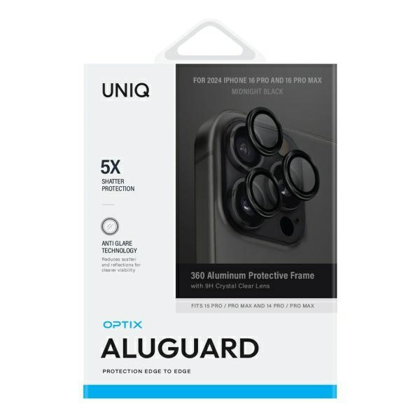 UNIQ Optix Aluminium Camera Lens Protector iPhone 16 Pro 6.3" / 16 Pro Max 6.9" midnight black szkło na obiektyw aparatu z aplikatorem