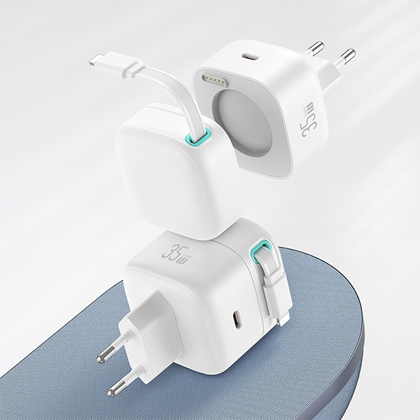 USAMS Ład. siec. 1xUSB-C ze zwijanym kablem Lighning Retractable PD+QC 35W Gan Fast Charging biały/white XMF Series CC209TC02 (US-CC209)