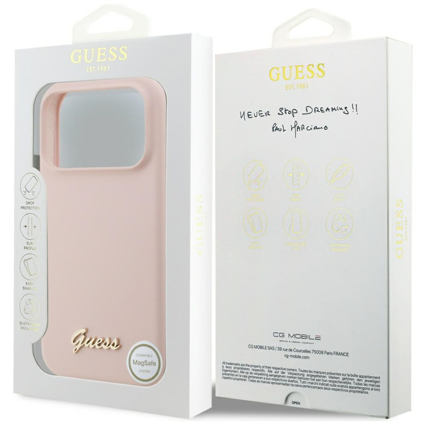 Etui Guess Silicone Script Metal Logo    MagSafe do iPhone 17 Pro Max różowy