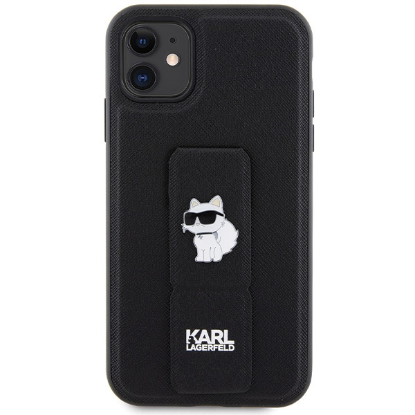 Etui Karl Lagerfeld Gripstand Saffiano Choupette Pins na iPhone 11 / Xr - czarne