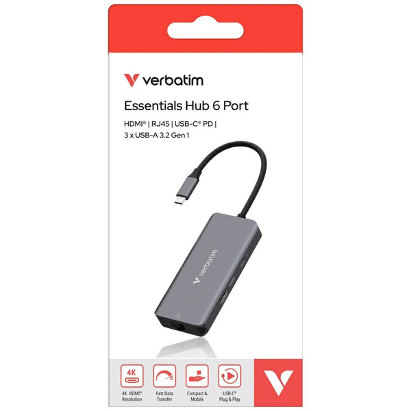 Adapter Hub Verbatim USB-C/HDMI/3xUSB-A  3.2/RJ45 aluminiowy 32157