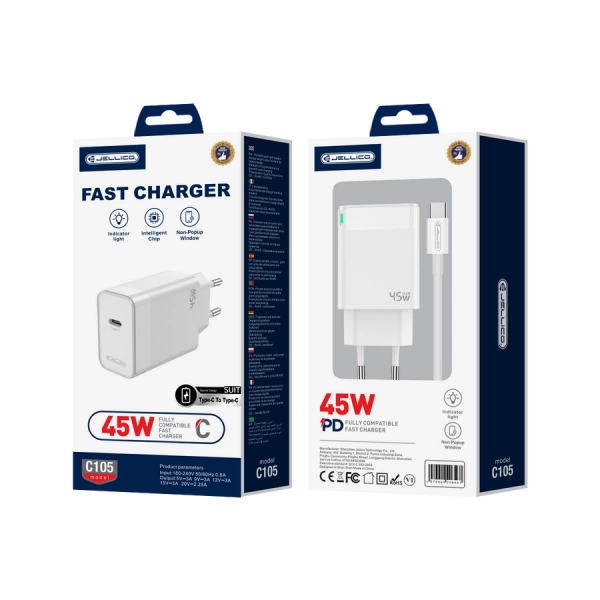 JELLICO wall charger C105 GaN PD 45W 1xUSB-C + cable USB-C - USB-C White