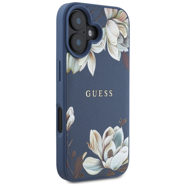 Etui Guess Grained Printed Flower        Pattern MagSafe do iPhone 16 niebieski