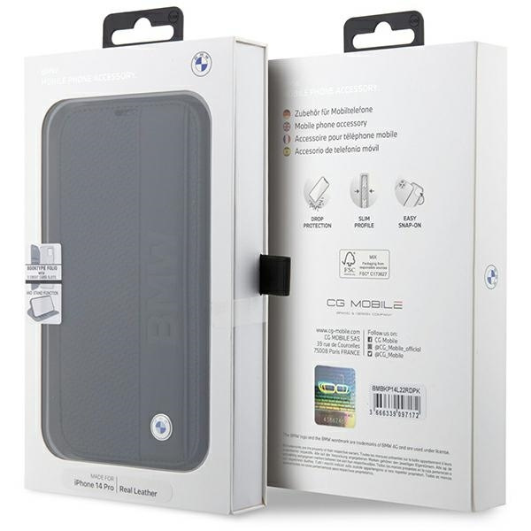 Case BMW BMBKP14X22RDPK iPhone 14 Pro Max 6.7" black/black bookcase Leather Textured&Stripe