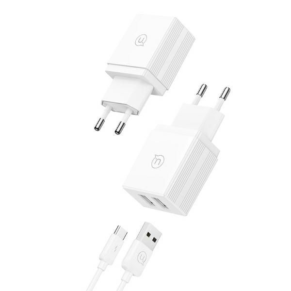 USAMS Ład. siec. 2xUSB-A + kabel USB-C/ USB-A Fast Charging biały/white series HC HCXLTZ03