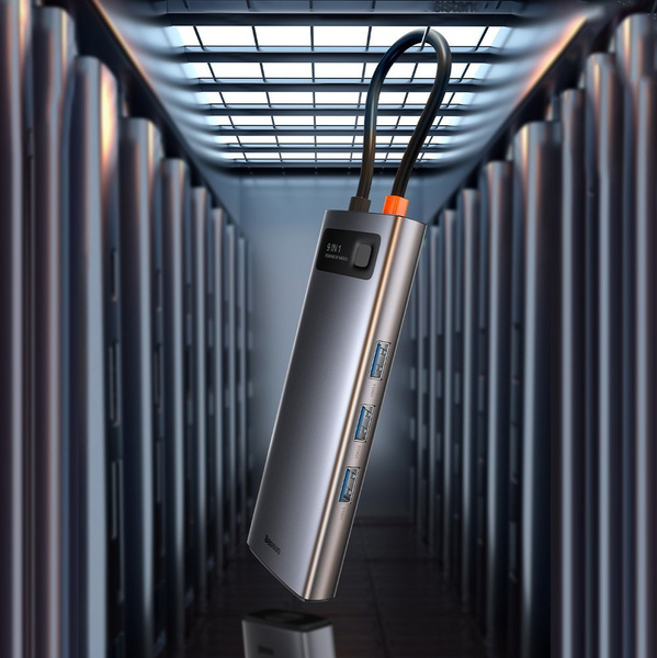 HUB Baseus Metal Gleam 9w1 USB-C - 3x USB 3.2 Gen 1 / USB-C PD 100W / VGA / HDMI / czytnik kart TF, SD / RJ45 - szary (CAHUB-CU0G)