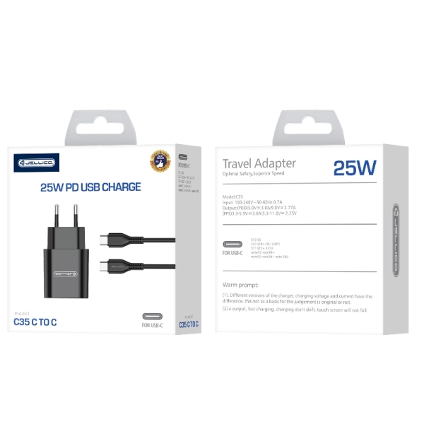 JELLICO ładowarka sieciowa C35 PD 25W 1xUSB-C + kabel USB-C - USB-C Czarny