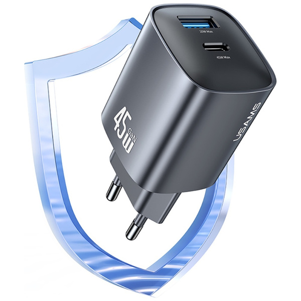 Ładowarka sieciowa USAMS CC290 T66 45W   GaN 1xUSB-A 1xUSB-C srebrny