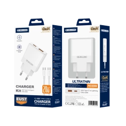 JELLICO wall charger EU57 PD 20W 1xUSB-C + 1xUSB QC3.0 + cable USB-C - USB-C White