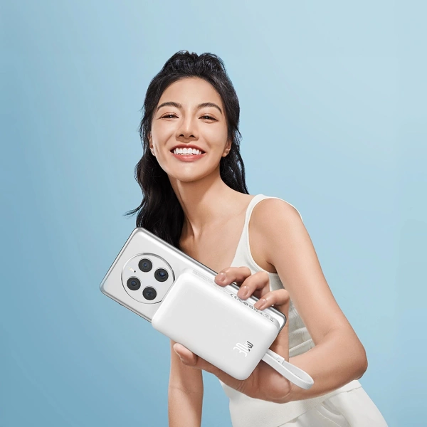 Powerbank Baseus Magnetic Mini MagSafe 10000mAh 30W z wbudowanym kablem USB-C - biały + kabel Baseus Simple Series USB-C - USB-C 60W 0.3m