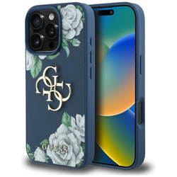 Etui Guess Grained Roses Big 4G logo do  iPhone 16 Pro niebieski