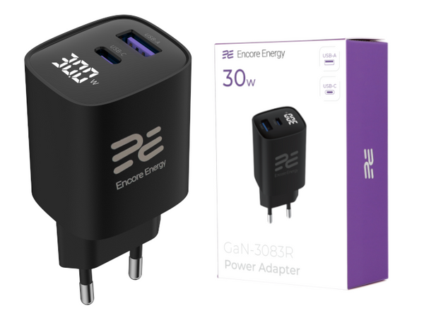 Encore Energy GaN QC 4 PD 3.0 USB-A USB-C 30W Wall Charger GaN-3083R with Display