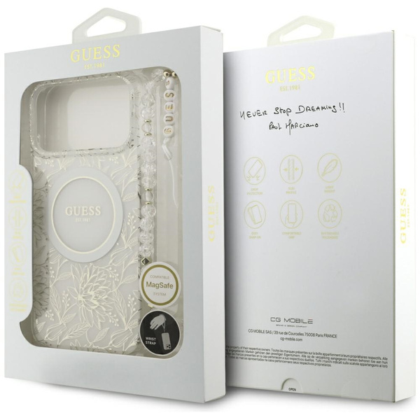 Etui Guess IML Flowers Electro Pearl     Strap MagSafe do iPhone 17 Pro Max biały