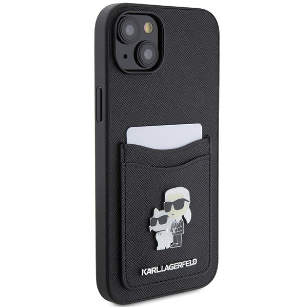 Karl Lagerfeld Saffiano Cardslot Karl&amp;Choupette Metal Pin case for iPhone 15 - black