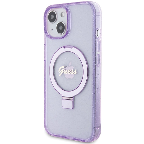 Guess GUHMP15MHRSGSU iPhone 15 Plus / 14 Plus 6.7" fioletowy/purple hardcase Ring Stand Script Glitter MagSafe