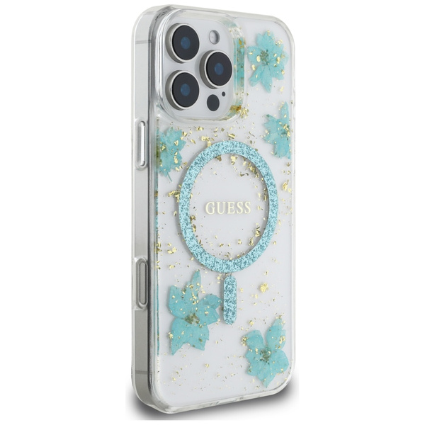 Etui Guess Resin Flowers Glitter MagSafe do iPhone 16 Pro Max turkusowy