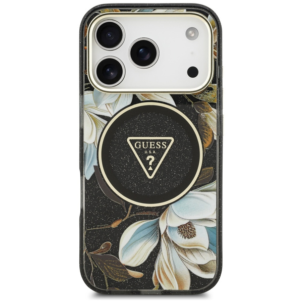 Etui Guess IML Glitter Flowers Triangle  MagSafe do iPhone 17 Pro Max czarny