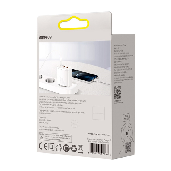 Baseus Compact fast charger 2x USB / USB Type C 30W 3A Power Delivery Quick Charge white (CCXJ-E02)