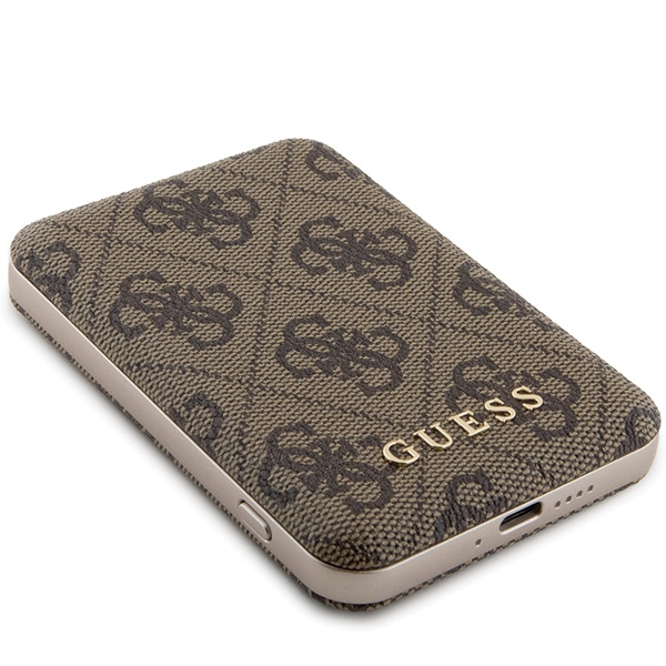 Guess Powerbank indukcyjny 15WGUPB5FP4EMGW 5000mAh brązowy/brown 4G Leather Metal Logo MagSafe