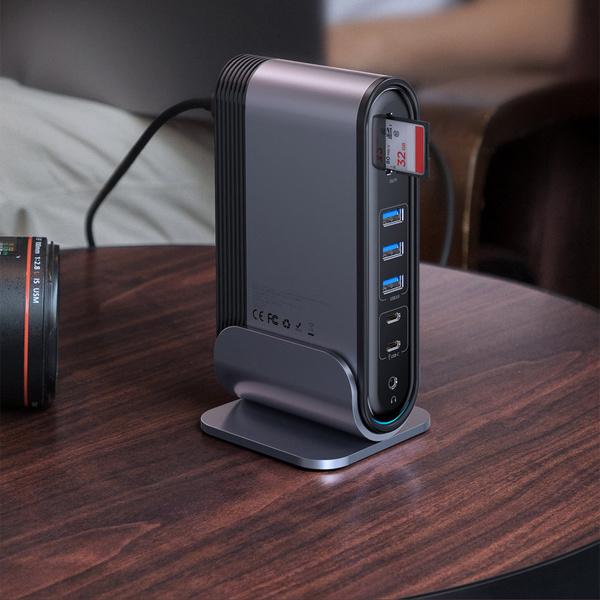 HUB Baseus CAHUB-DG0G 3x USB 3.2 Gen 1 / 2x USB-A / 2x USB-C / czytnik kart SD, micro SD / AUX / 3x HDMI / RJ45 PD 100W (wtyczki EU / CN / UK) - szary