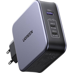 Szybka ładowarka sieciowa Ugreen GaN 140W, 1x USB-A / 2x USB-C, QC, PD, szara