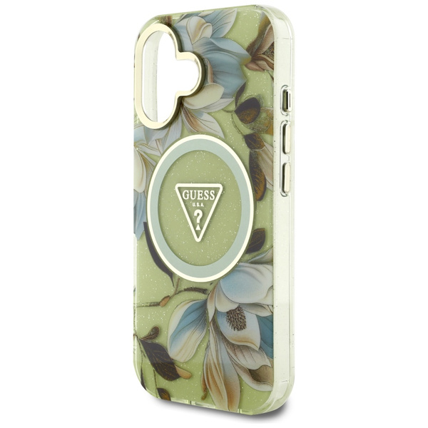 Etui Guess Glitter Flowers Triangle      Buttons MagSafe do iPhone 16 zielony