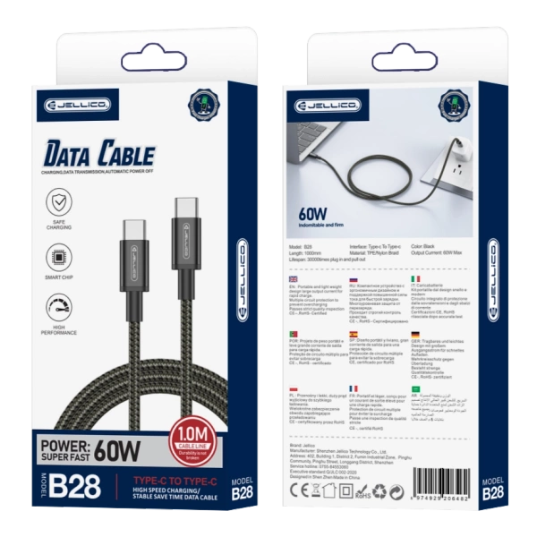 JELLICO kabel B28 USB-C - USB-C PD 60W 1M Czarny