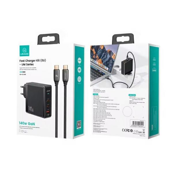 USAMS Ład. siec. 2xUSB-C+1xUSB T52PD140W PD Fast Charging US-CC168 + kabel U82 USB-C/USB-C US-SJ581 240W czarny/black UM Series UMXLOGTC01