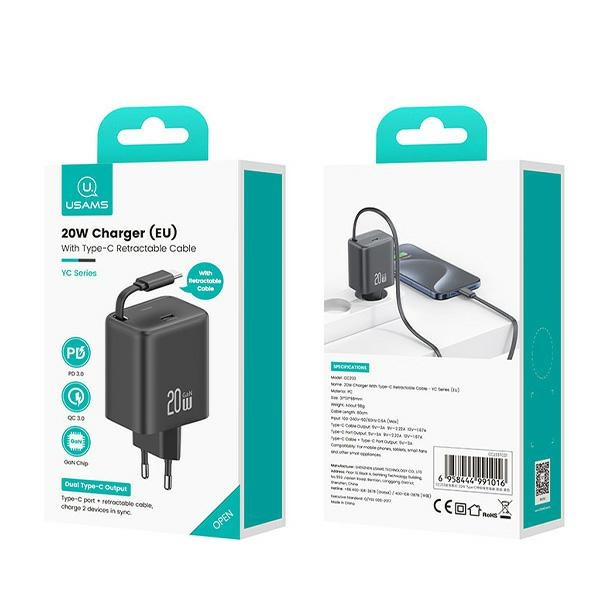 USAMS Ład. siec. 1xUSB-C ze zwijanym kablem USB-C Retractable PD+QC 20W Gan Fast Charging czarny/black YC Series CC233TC01 (US-CC233)