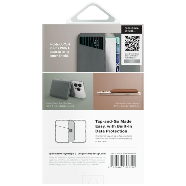 Magnetyczny portfel RFID UNIQ Lyden DS   stojak na telefon zielony