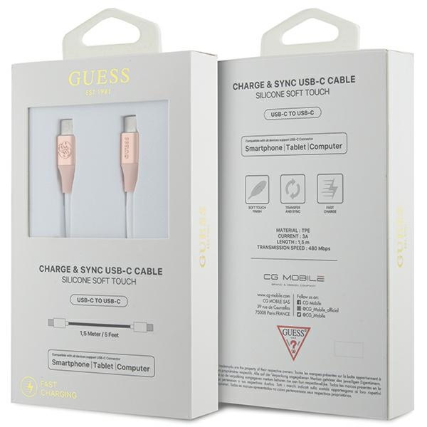 Guess GUCCLALRGDP kabel USB-C - USB-C1.5m Fast Charging różowy/pink Ebossed Logo