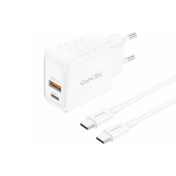 FONENG ładowarka sieciowa EU56 GaN PD 20W 1xUSB-C + 1xUSB QC3.0 + kabel USB-C - USB-C Biały