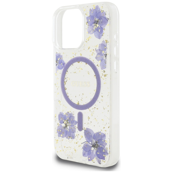 Etui Guess Resin Flowers MagSafe do iPhone 16 Pro fioletowy