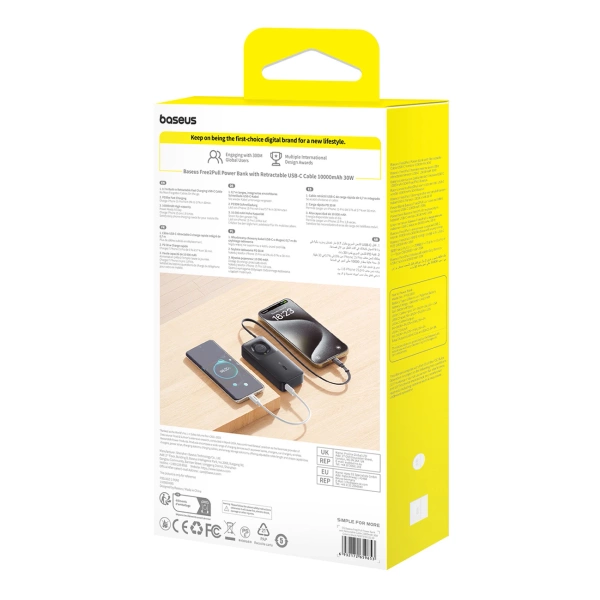 Powerbank Baseus Free2Pull 10000mAh 30W z portem USB-C i rozwijanym kablem USB-C - czarny