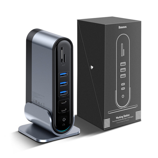 HUB Baseus CAHUB-DG0G 3x USB 3.2 Gen 1 / 2x USB-A / 2x USB-C / czytnik kart SD, micro SD / AUX / 3x HDMI / RJ45 PD 100W (wtyczki EU / CN / UK) - szary