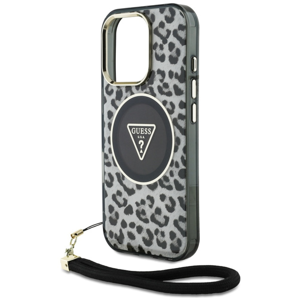 Etui Guess HC IML Leopard Triangle Cord  Strap do iPhone 16 Pro MagSafe czarny